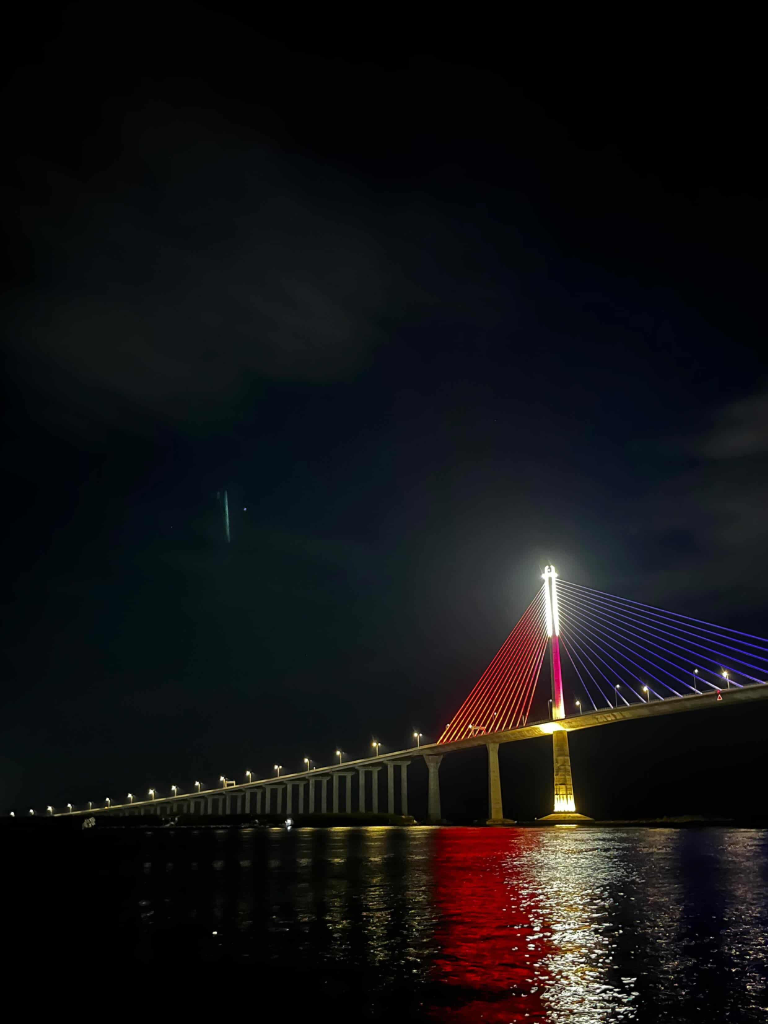 Night view of the Cebu-Cordova Link Expressway illuminated with red and blue LED cables